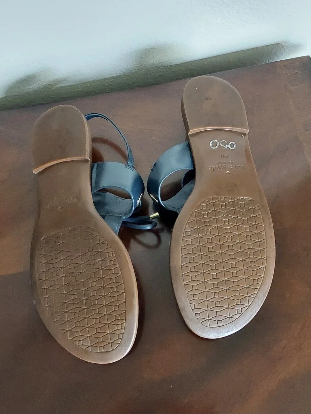 kate spade Black Strappy  Carolina Leather Thong Sandals with Brown Footbed